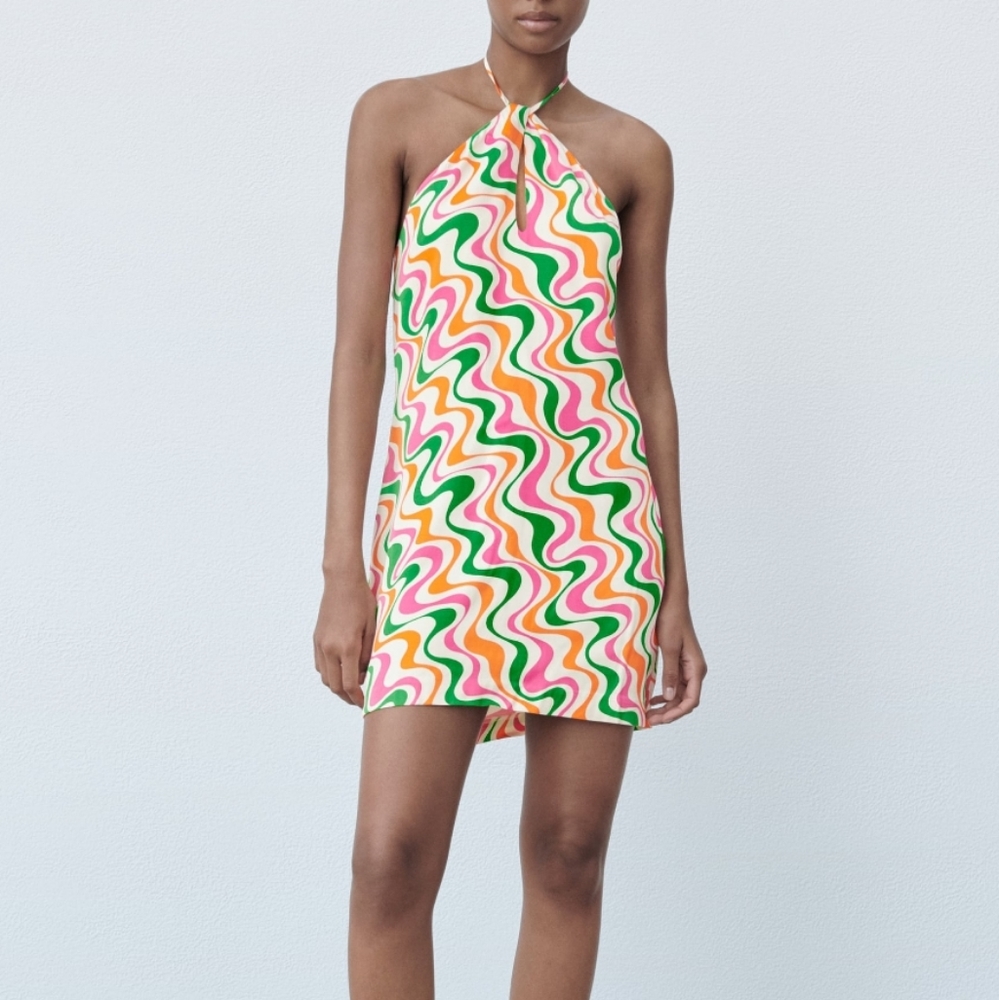 Zara Satin Effect Retro Print Halter Dress NWT